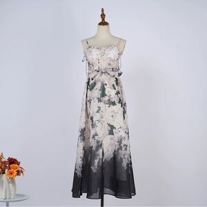 Designer-style Floral Dark Green and White Maxi Dress